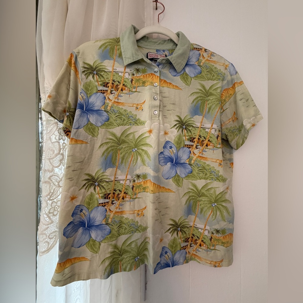 Jamaica Bay Polo Shirt Womens XL Green Excellent Tropical Hibiscus Palm Tree